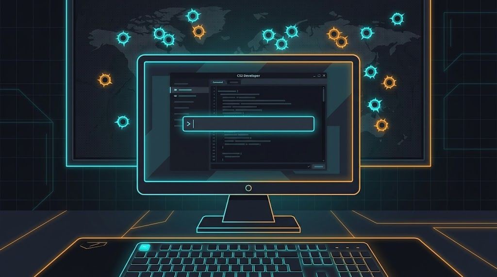Консоль CS2 с командой sv_showimpacts и маркерами попаданий